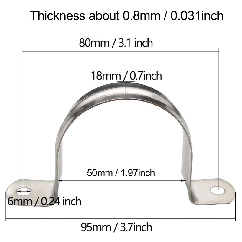 Sipery 20Pcs Reinforced Rigid Pipe Strap 2 Inch Two Hole Strap U Bracket Pipe Clamps, 304 Stainless Steel Conduit Clamps Tension Tube Clip for Pipes Fixing M50 - Image 4